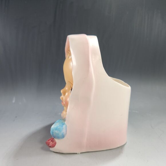 Enesco Baby Head Vase Teddy Bear Pink 1960 Big Eyes Porcelain Planter Kitsch VTG - Picture 3 of 10